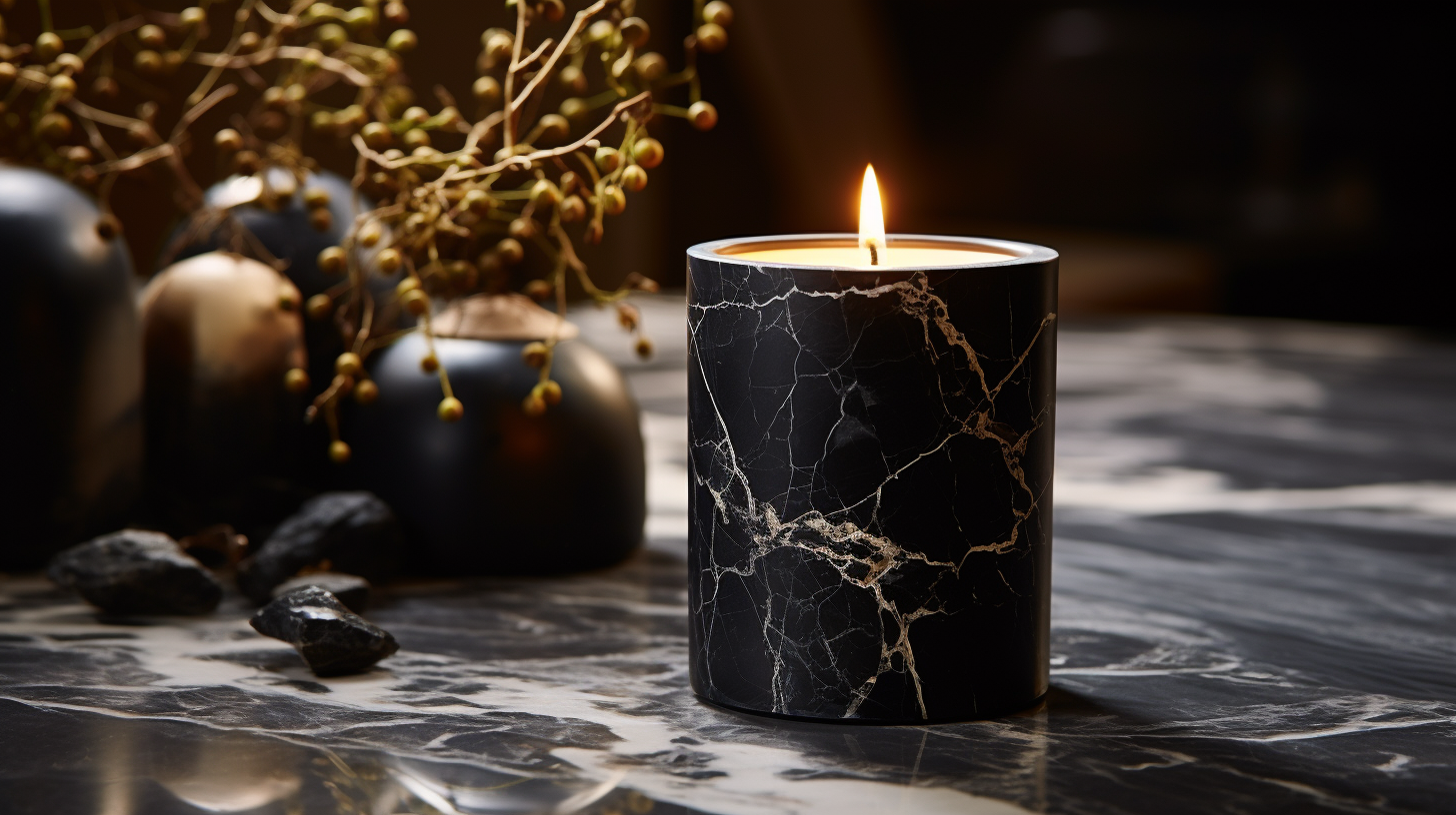 Black luxury candle on marble table