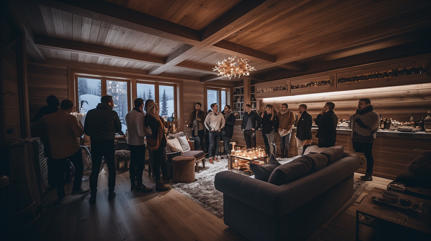 High-end luxury chalet party interior with large screen