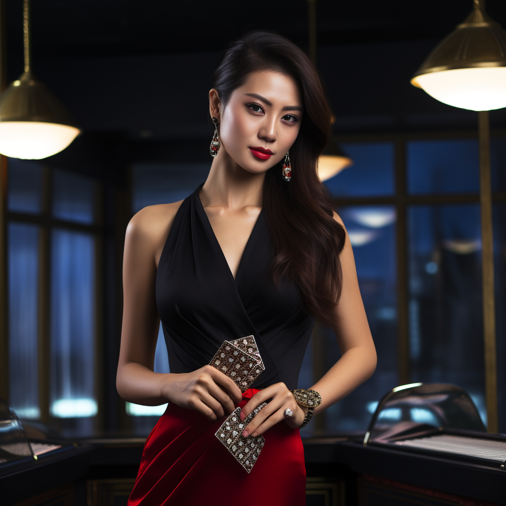 Asian casino dealer welcoming guests with luxury