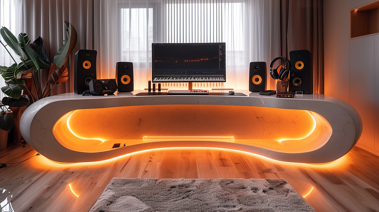 music studio table with diming led lights