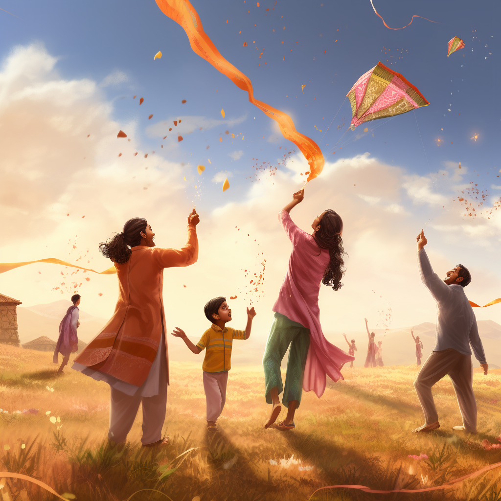 Indian family flying kites with friends