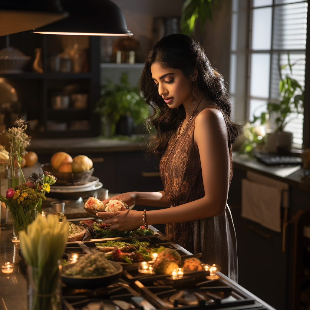 Beautiful South Asian lady cooking in luxury kitchen