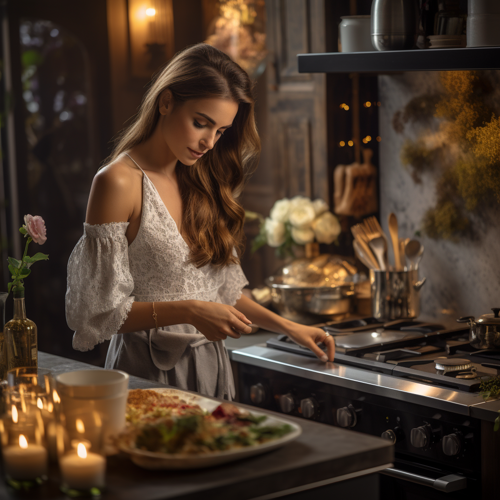 Beautiful lady cooking in luxury kitchen