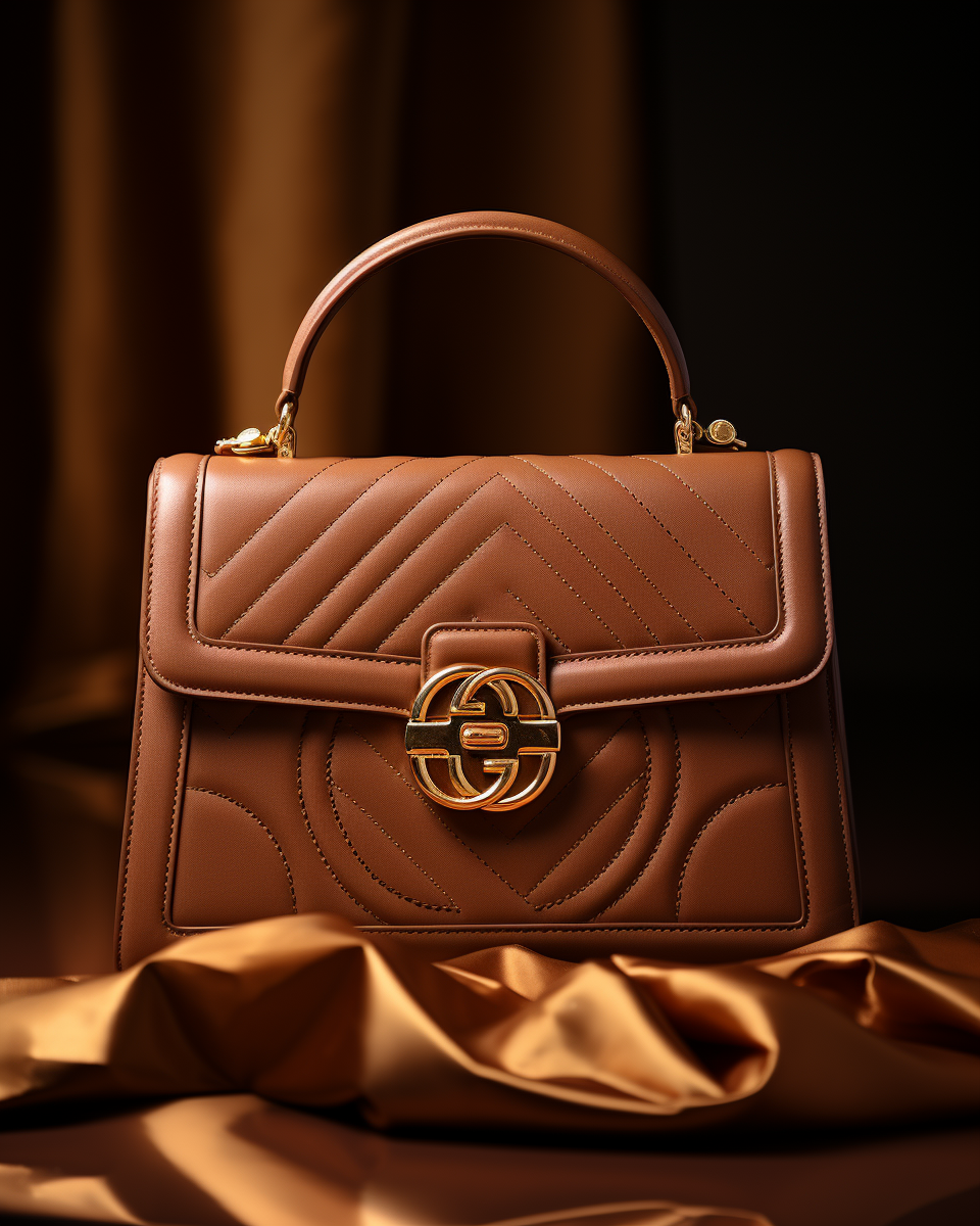 Brown luxury leather handbag with gold buckle