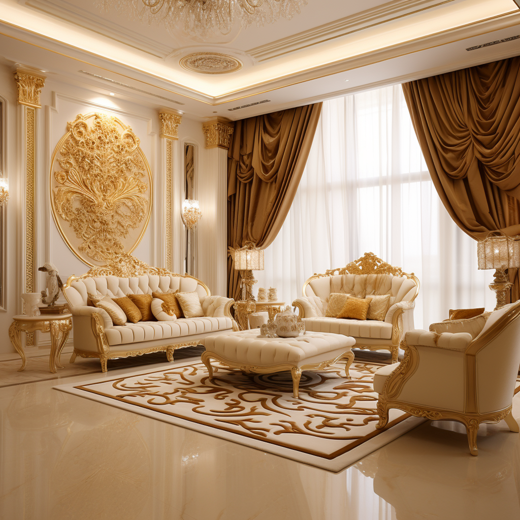 Luxury family room design with golden color scheme