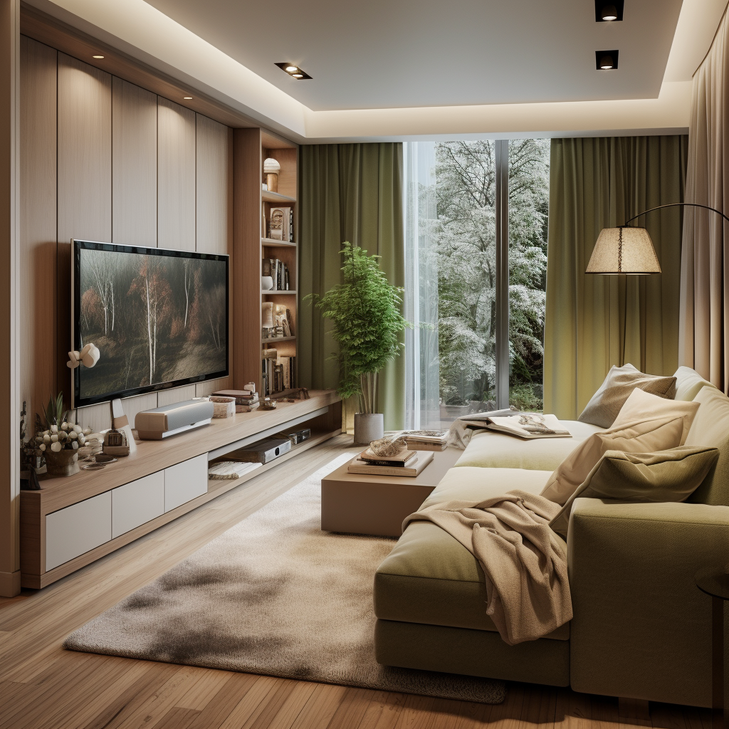 Luxurious living room with woods decor and lights