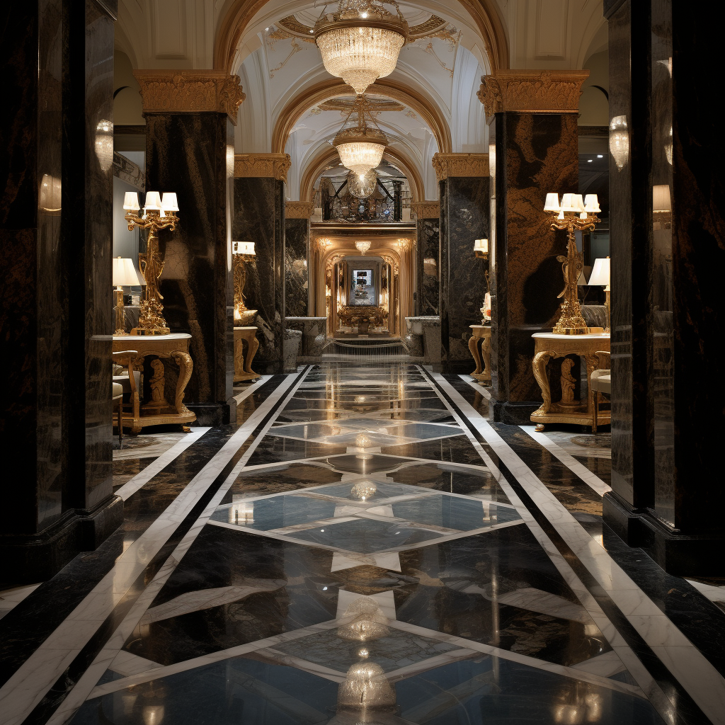 Marble hotel counter with  AP Collection  logo