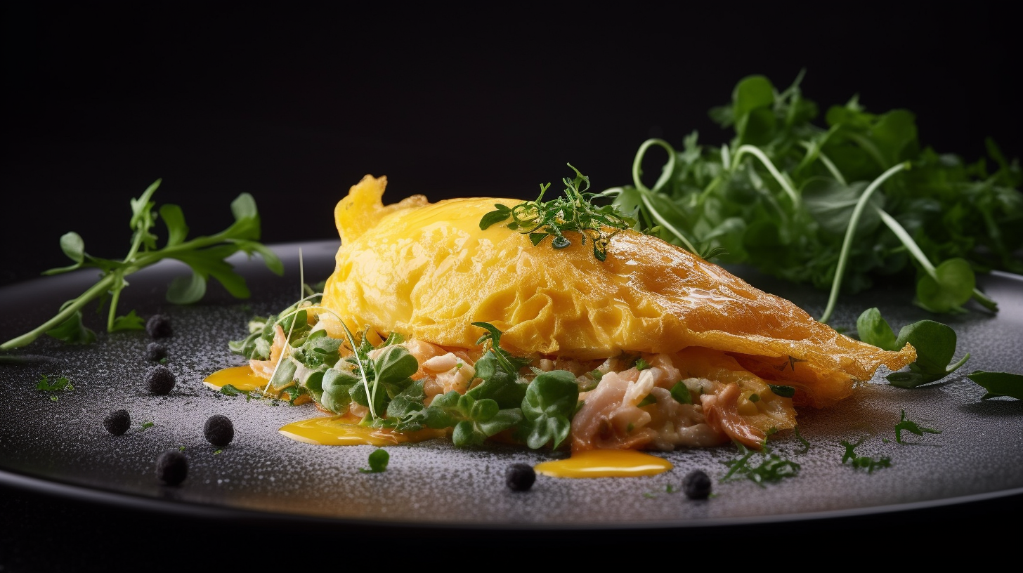 Omelet in a luxurious Michelin kitchen with depth of field