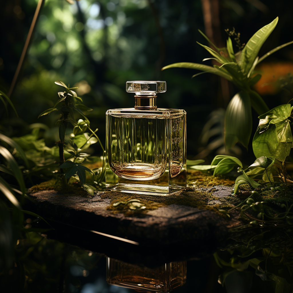 Exquisite luxury perfume on gold with jungle backdrop