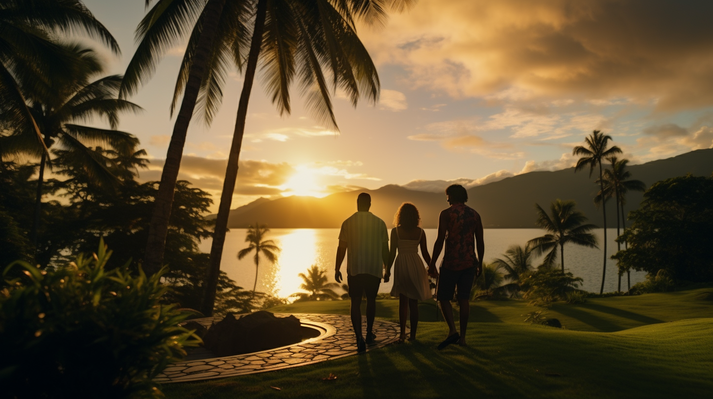 Luxury resort with rainforest foliage at sunset