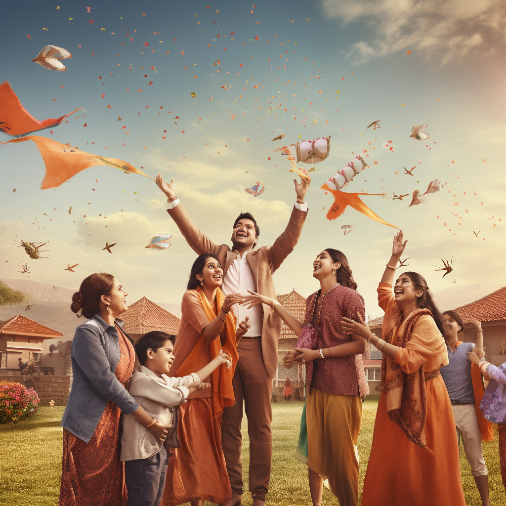 Luxury Indian Family Flying Kites Makar Sankranti