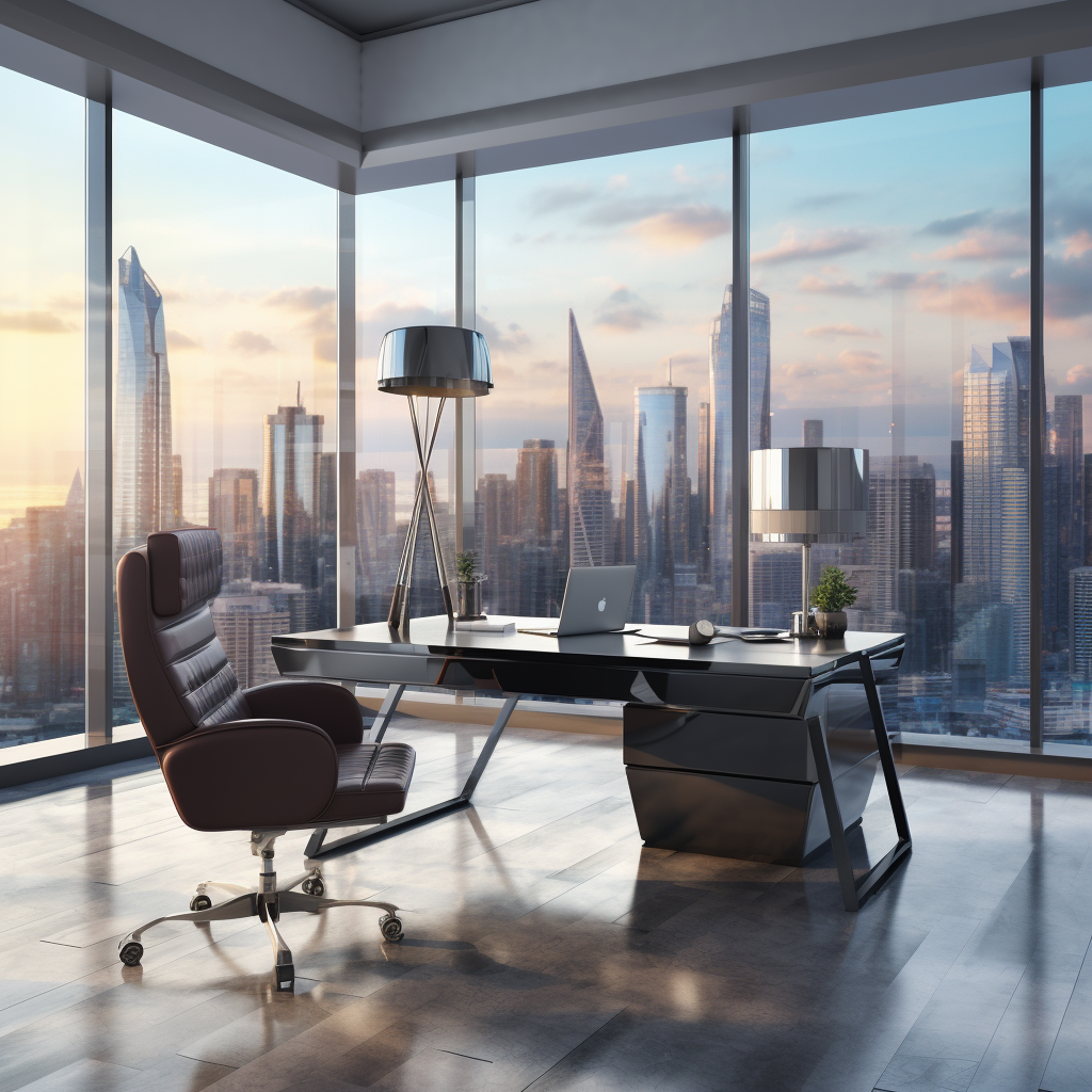 Executive Leader Workspace Desk with Cityscape Background