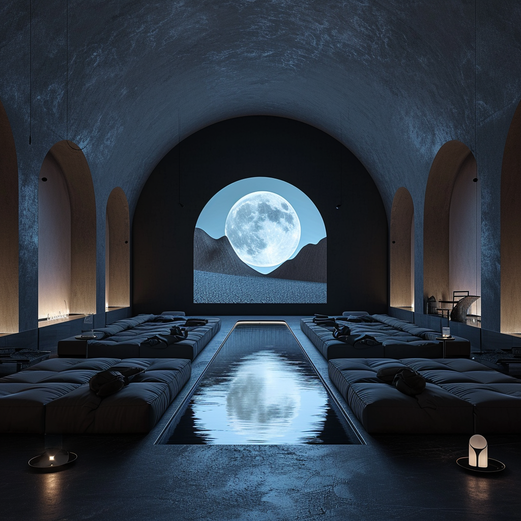 Luxury spa architectural visualization with moonlit desert video wall