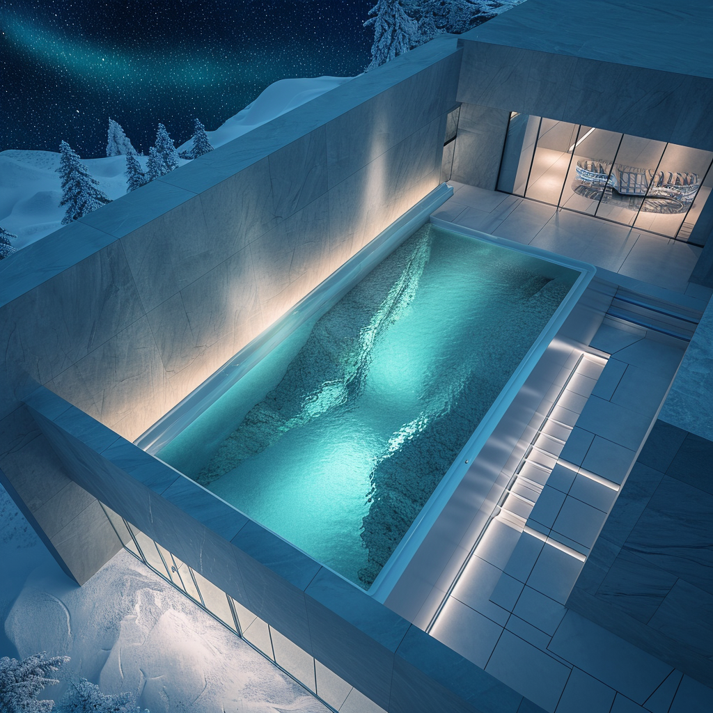 Aerial view of luxury spa with Iceland Aurora Borealis