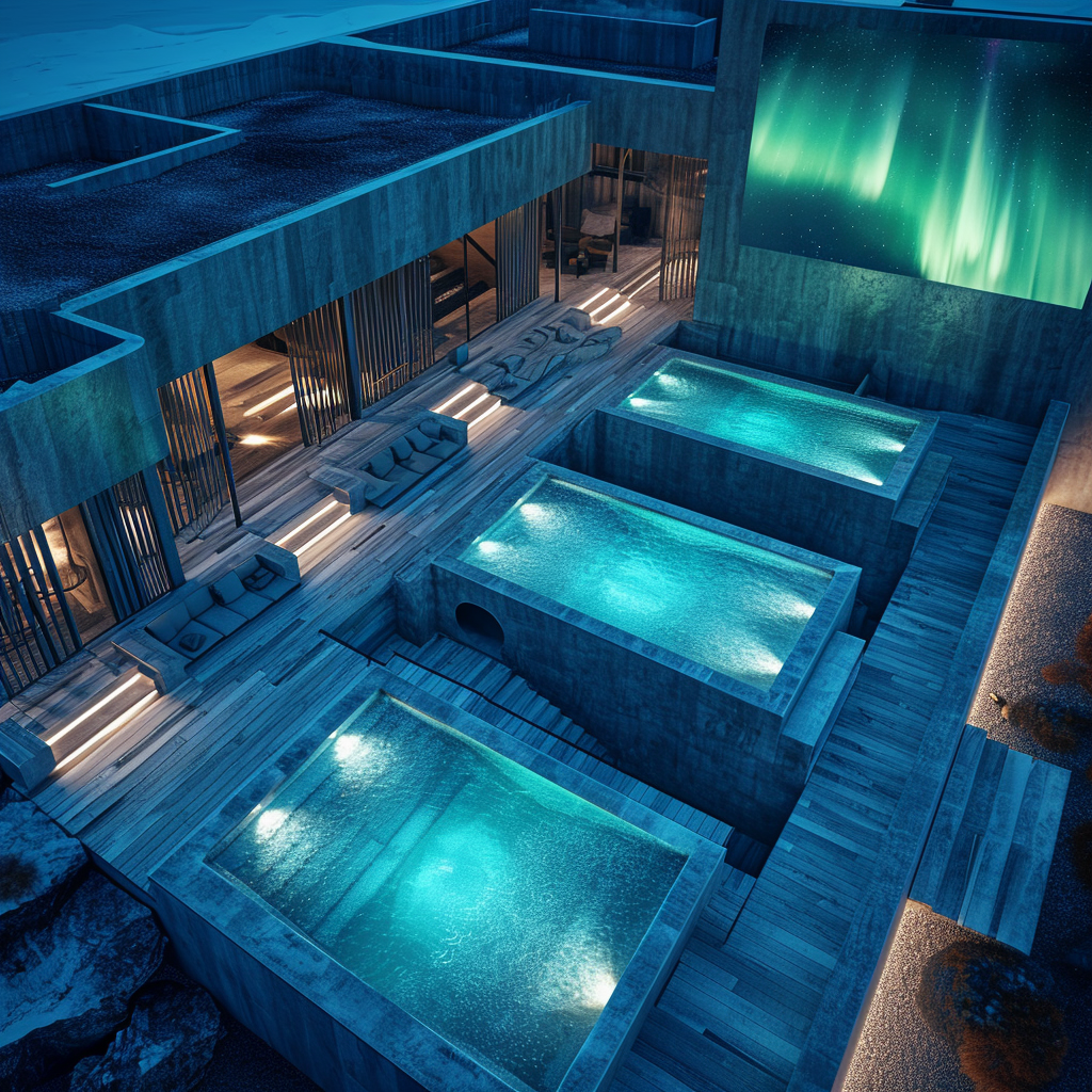 Aerial view of luxury spa with aurora borealis projection