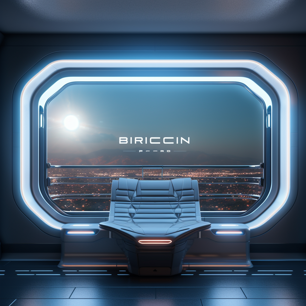 Luxury spaceship interior with neon bitcoin symbol