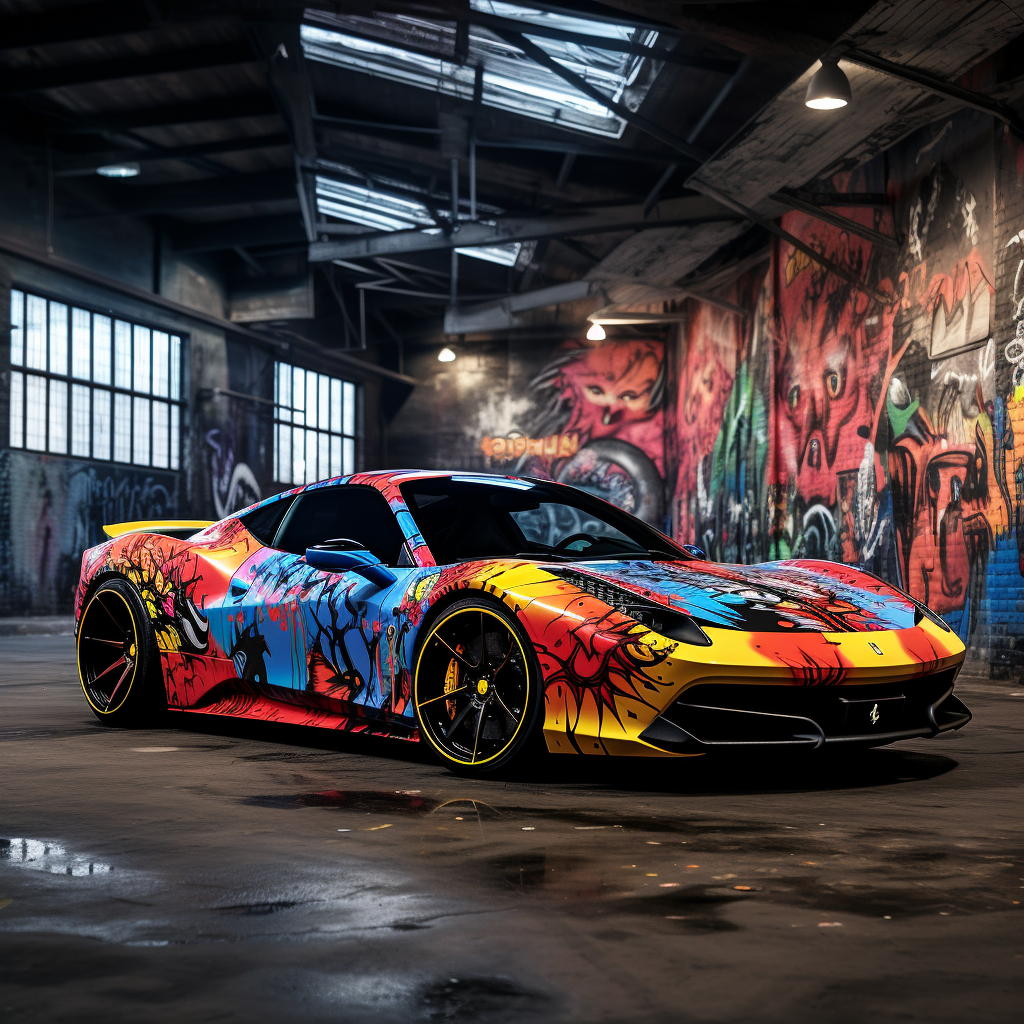 Luxury sports car with custom graffiti wrap