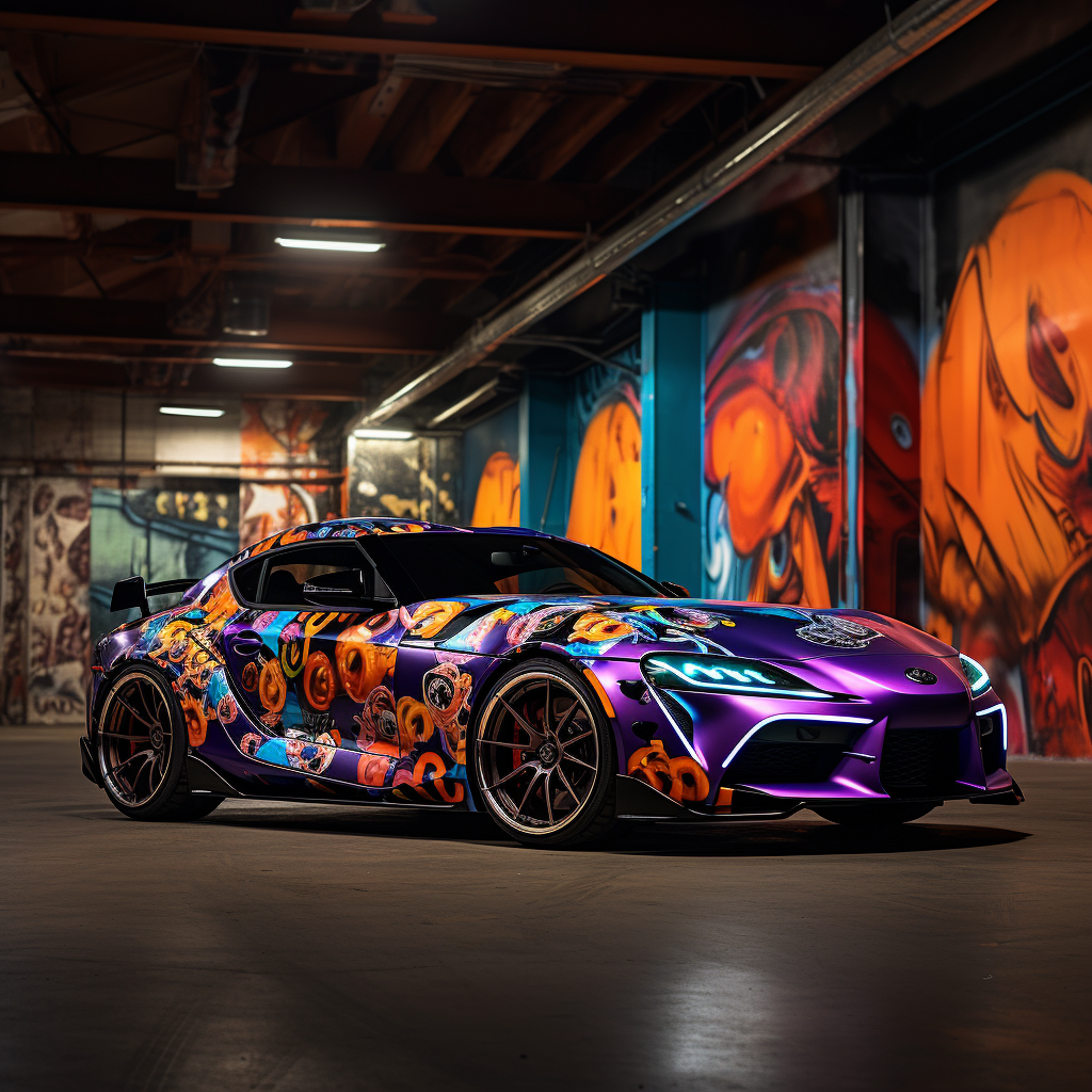 Photorealistic 3D image of luxury sports car with graffiti wrap