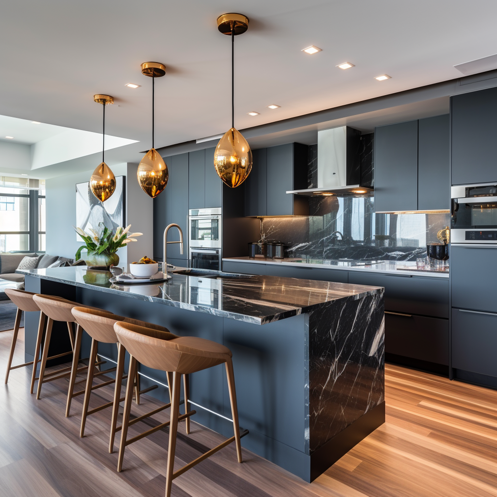 Modern luxury kitchen with black countertops and grey cabinets