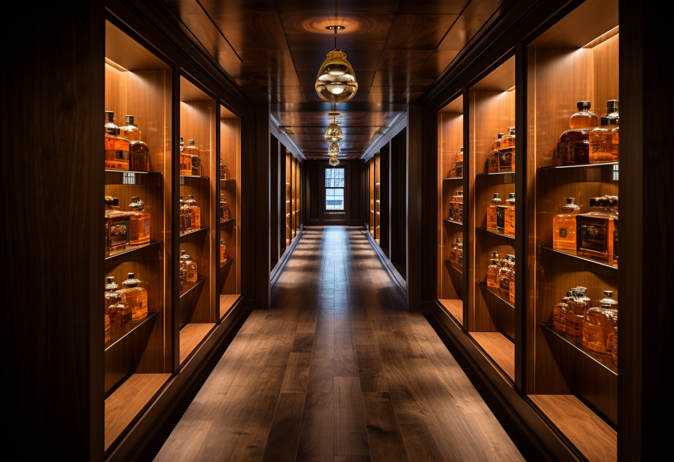 Bottles of luxury whisky on wooden shelves