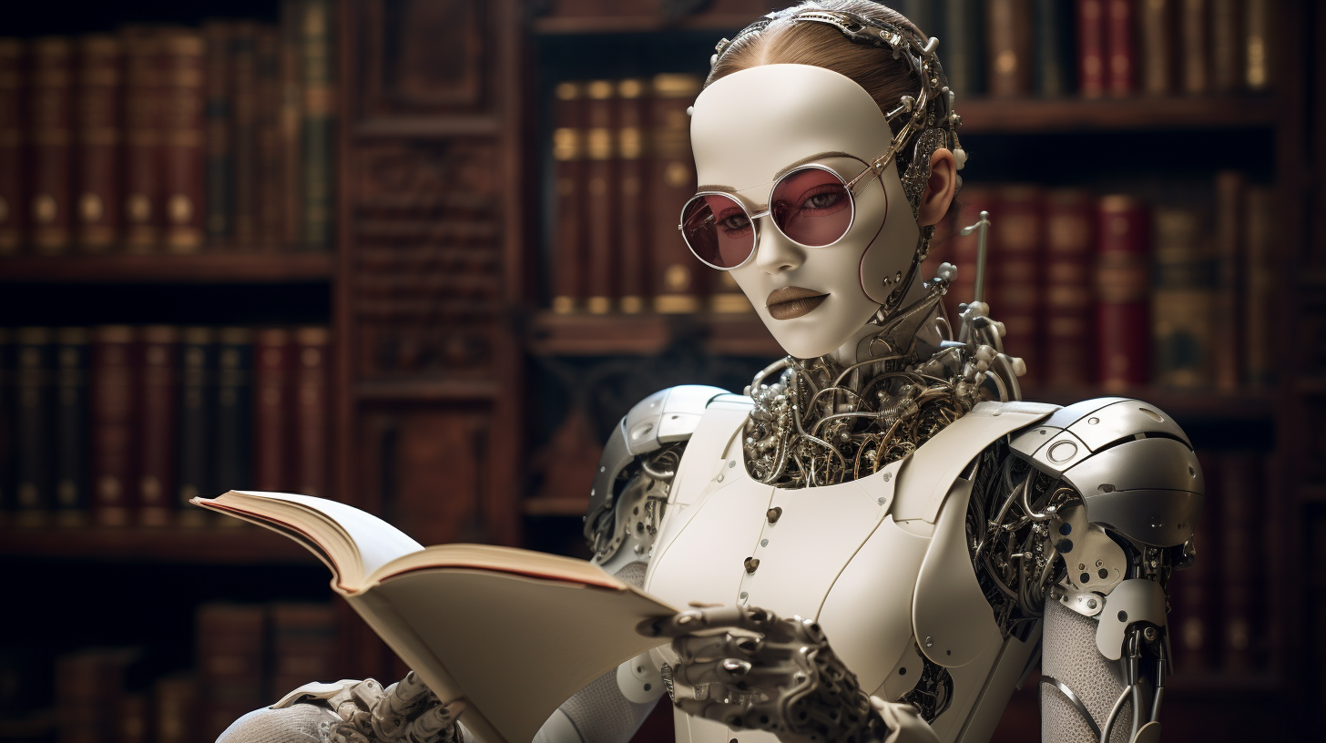 Luxury Robot Librarian in High Fashion Photoshoot