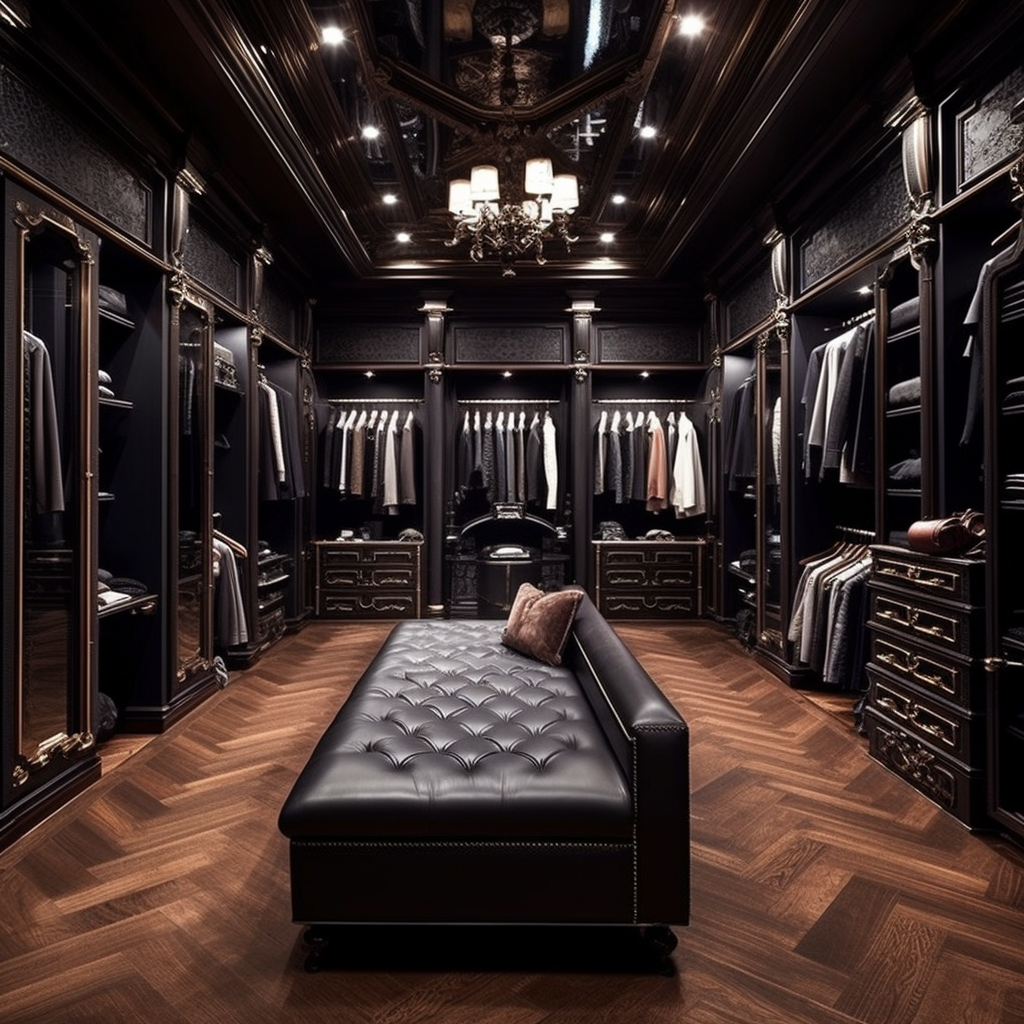 Luxury walk-in closet with vast clothing and shoe collection