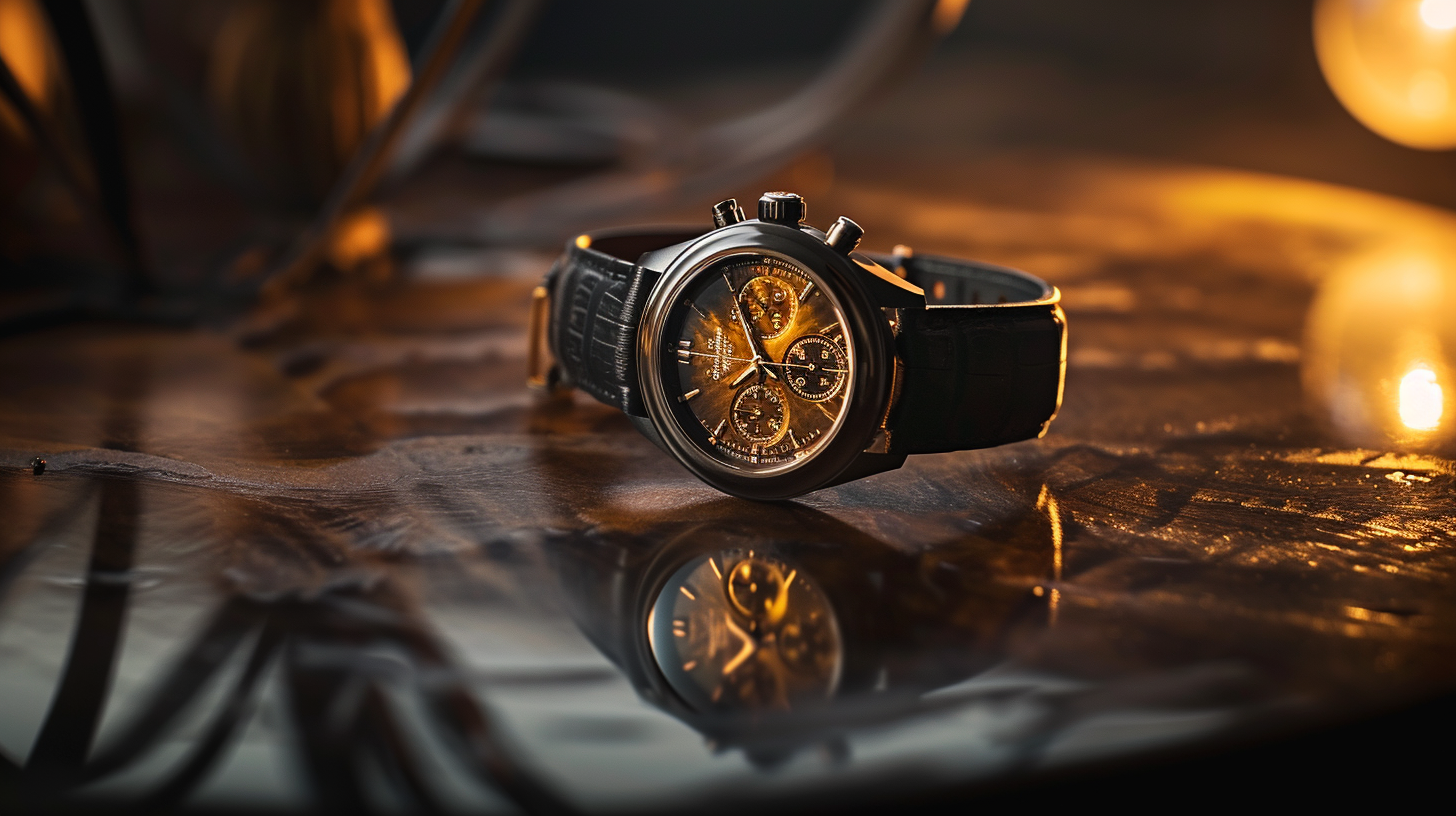 Luxury watch on polished wooden table