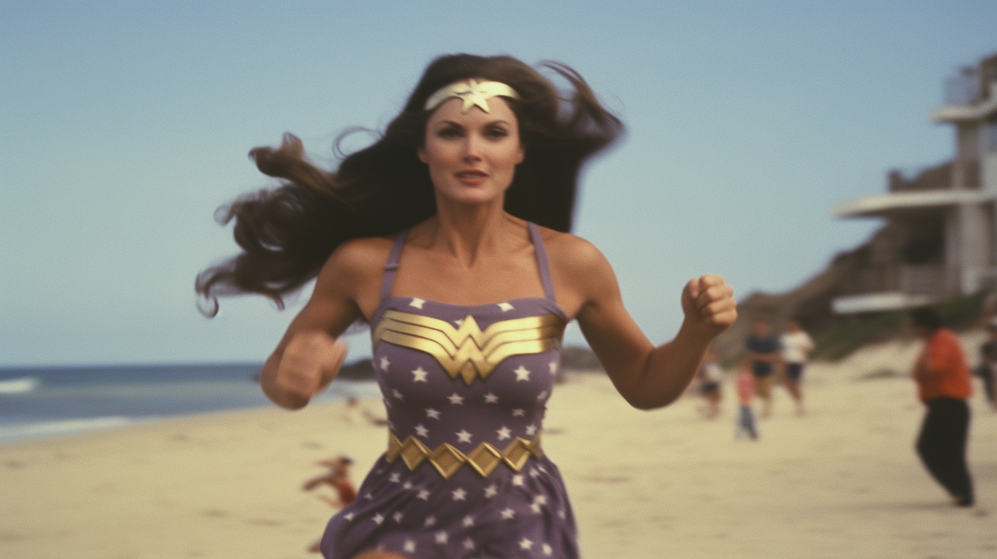 Lynda Carter in Wonder Woman costume running