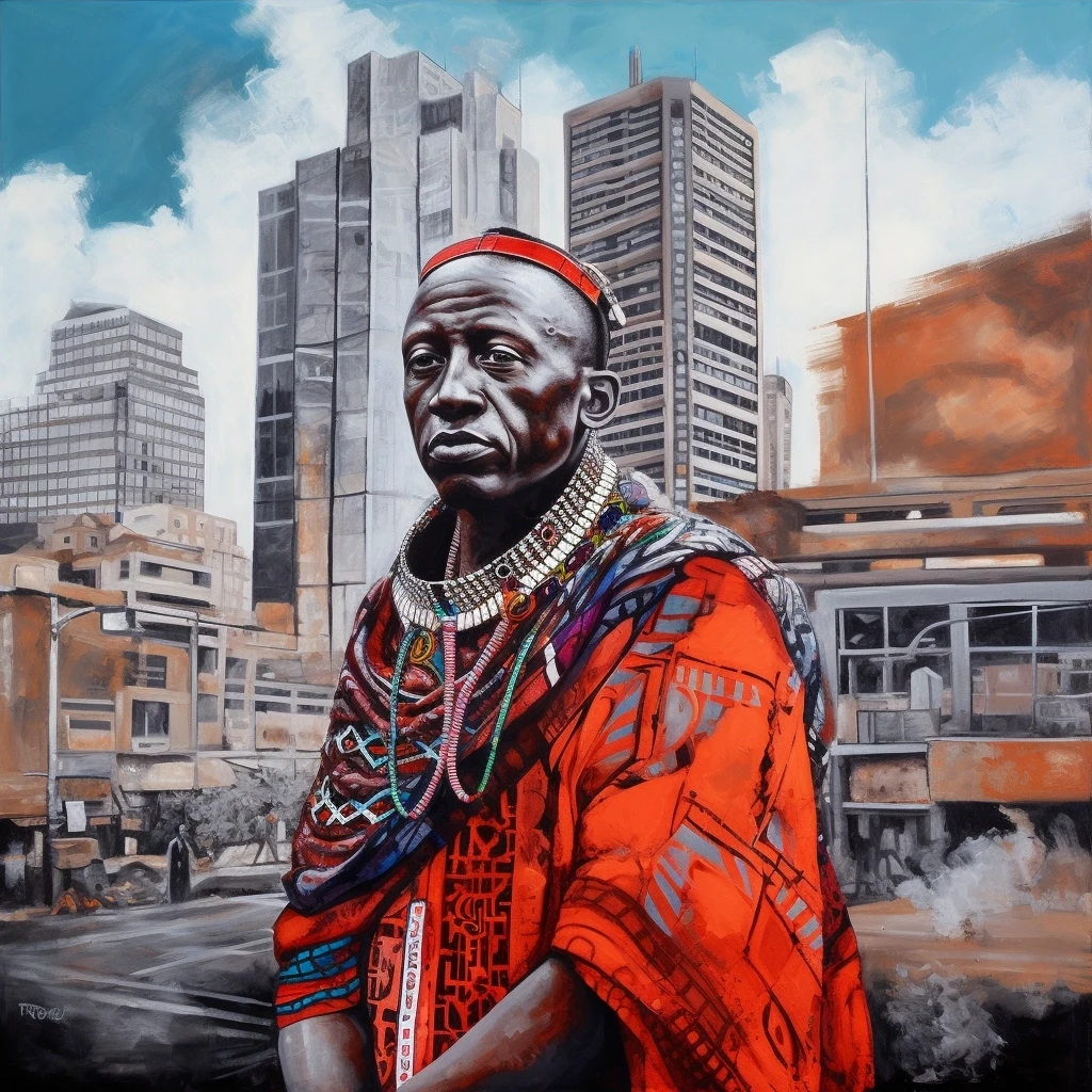 Maasai warrior in front of modern skyscraper