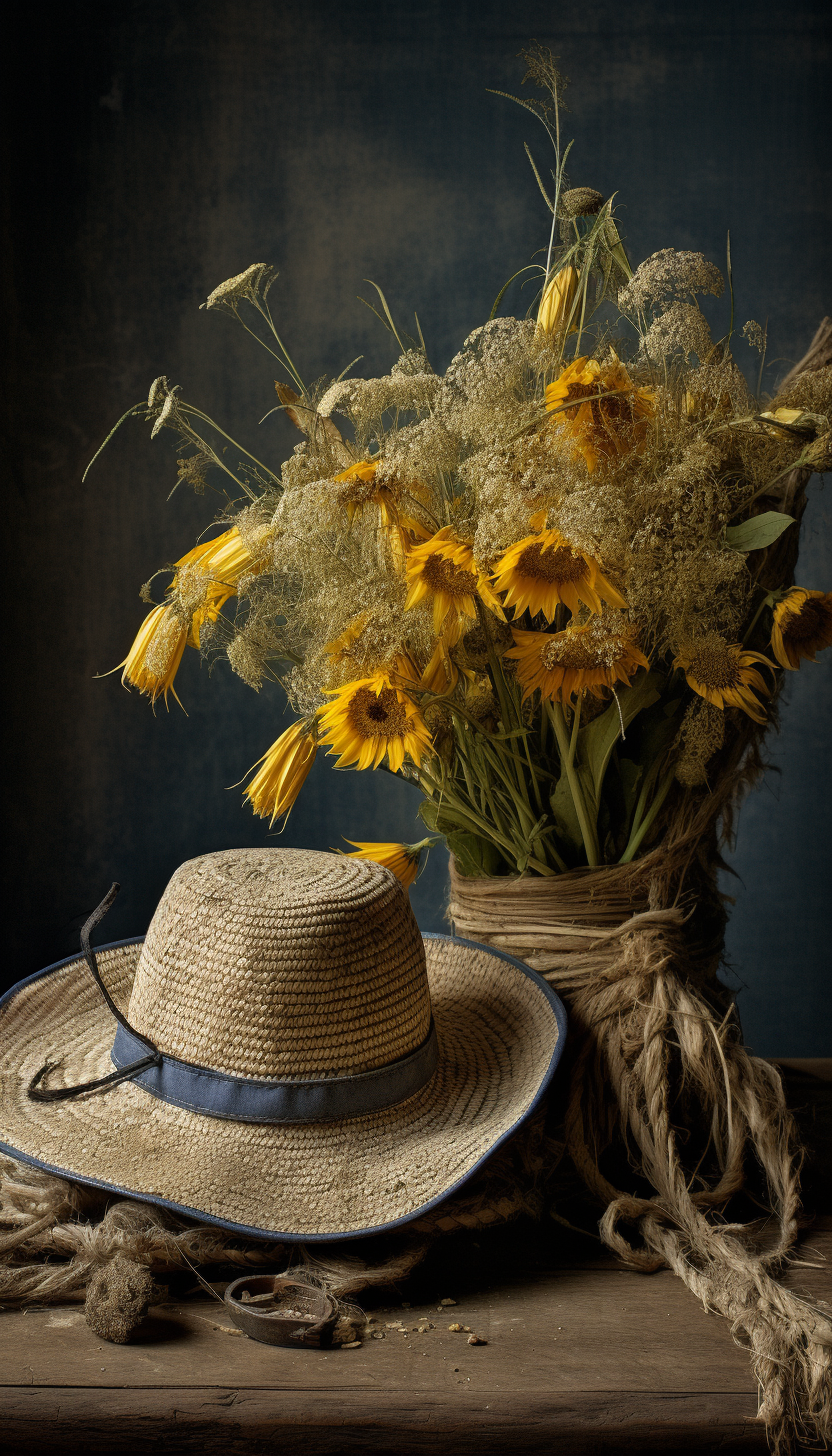 Macabre Gothic Cowboy Hat, Rope, Wilted Flowers, Gun