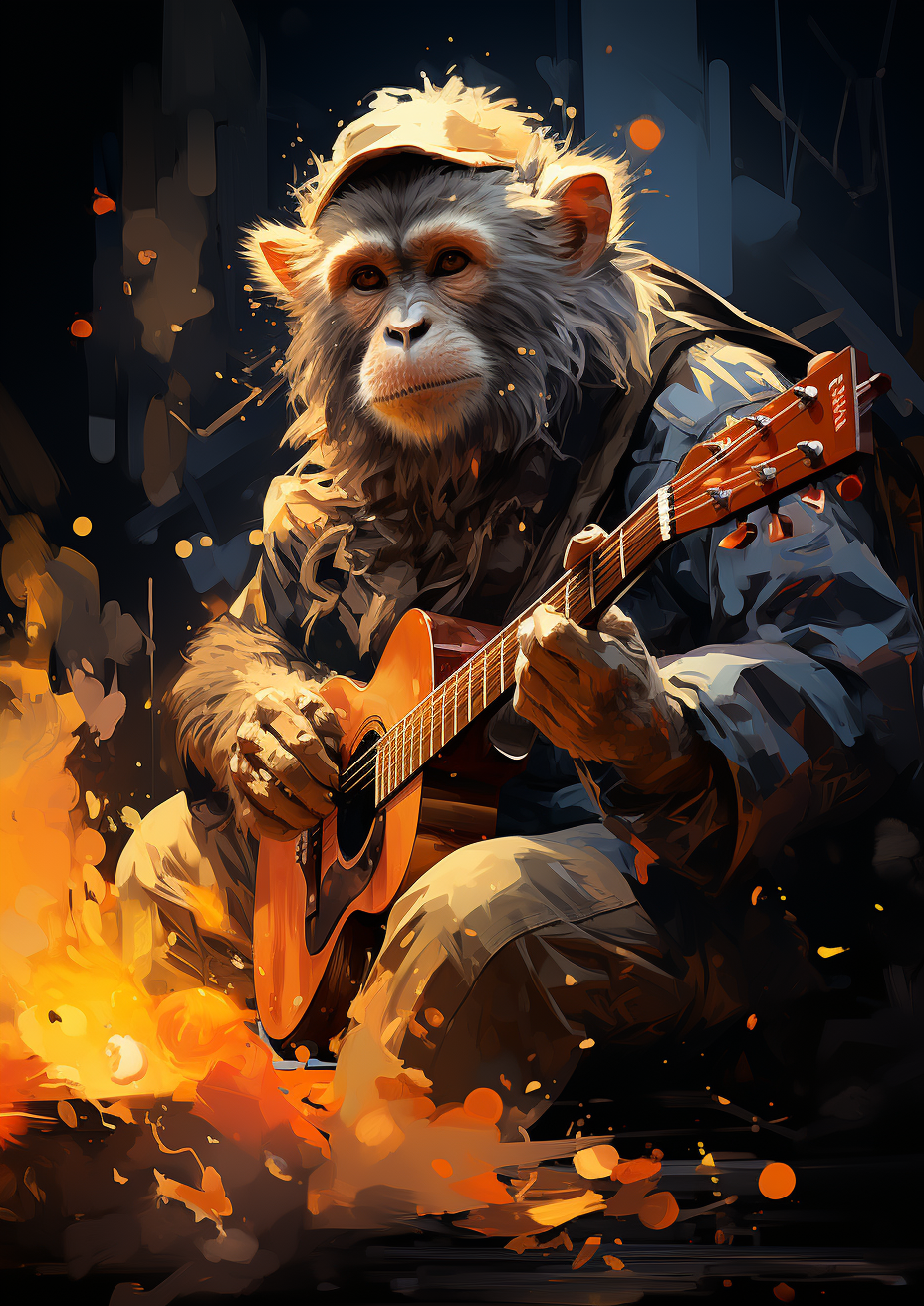 Japanese macaque with acoustic guitar on sparks background