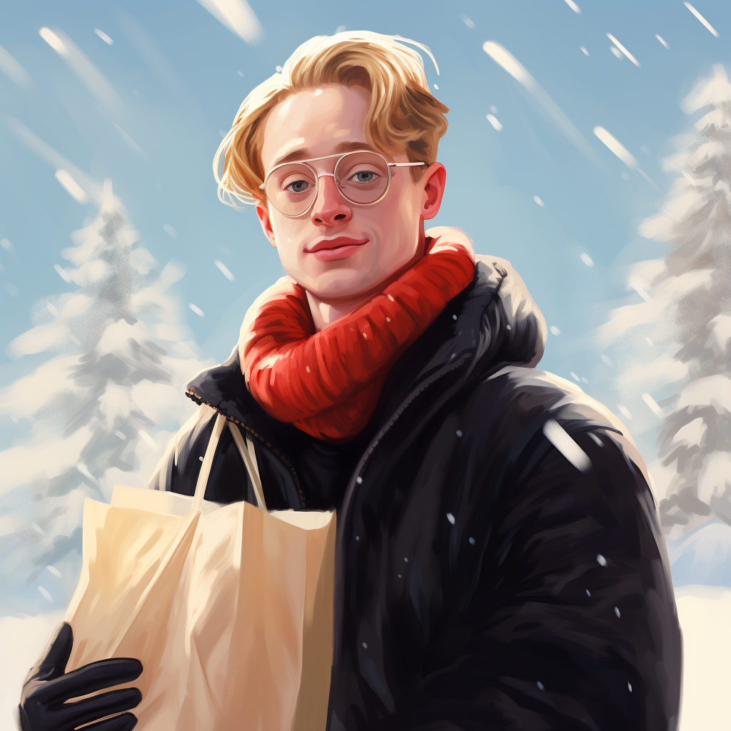 Macaulay Culkin carrying grocery bags in snow