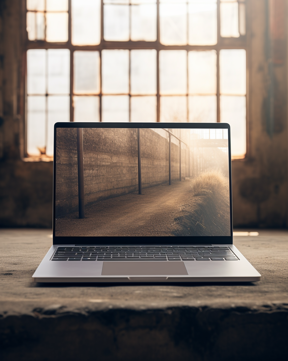 Macbook laptop on rustic concrete with natural lighting