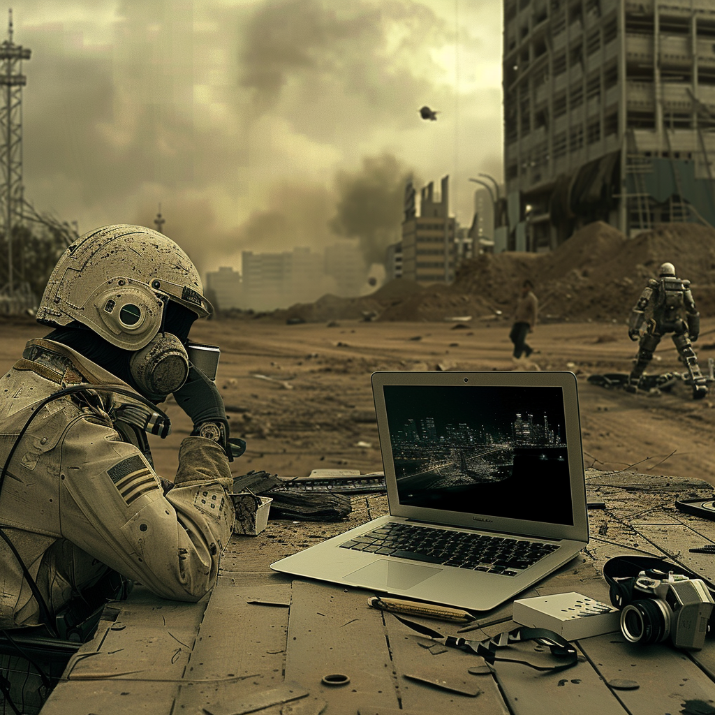 MacBook Pro and construction helmet in wasteland