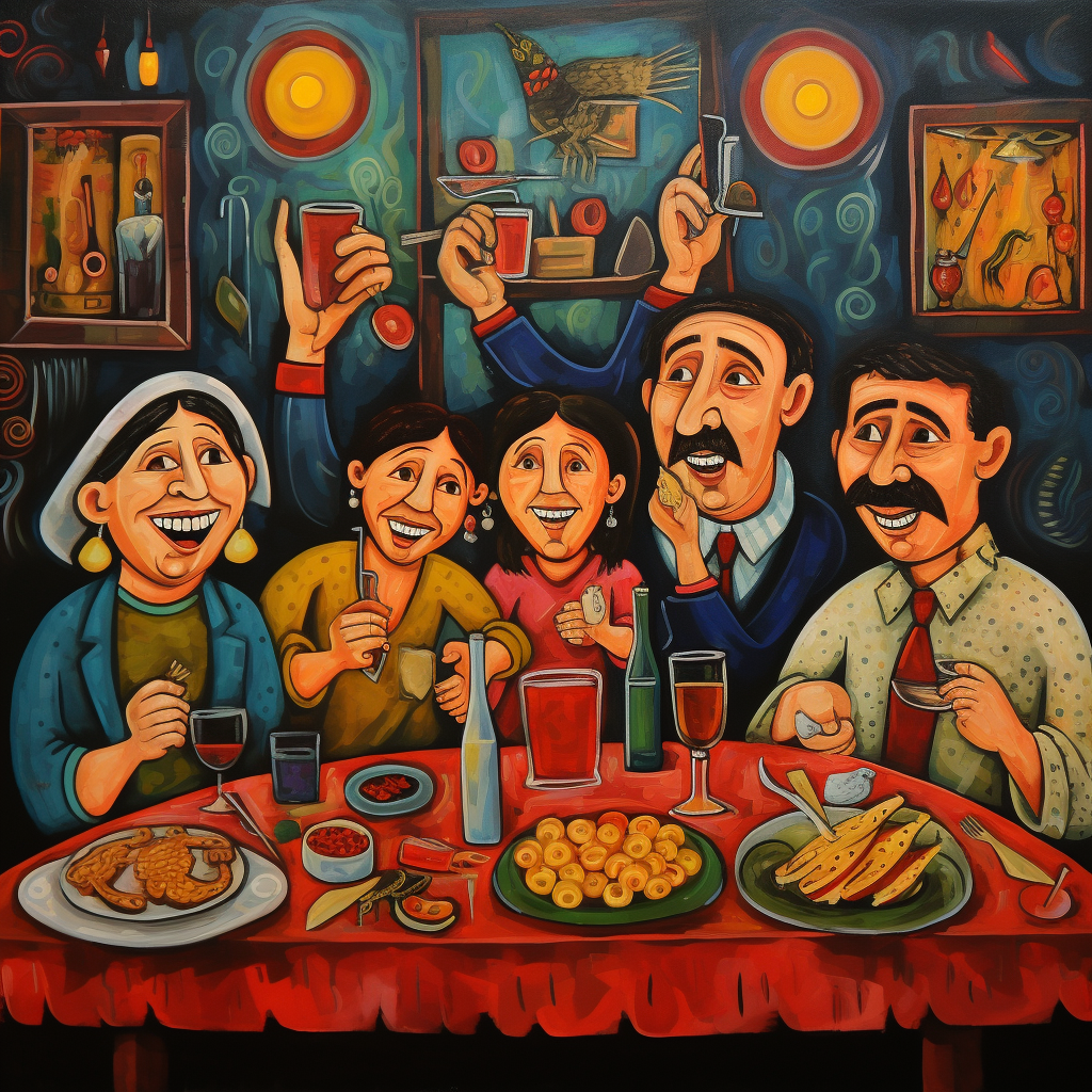 Macedonian family enjoying dinner together in oil painting style