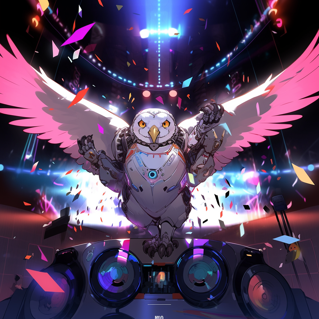 Cyberpunk owl with closed wings and disco ball stomach