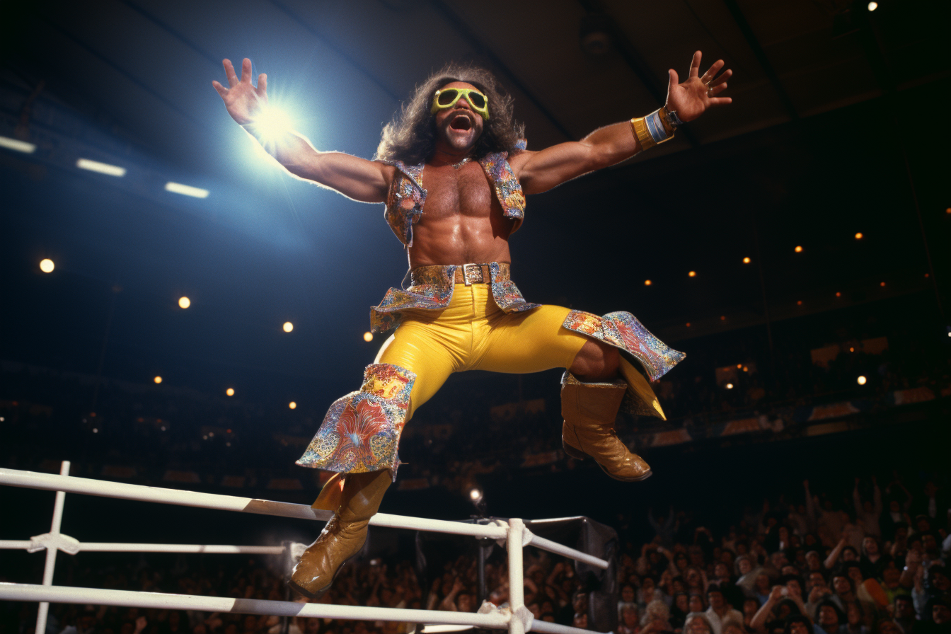 Macho Man Randy Savage jumping in the ring