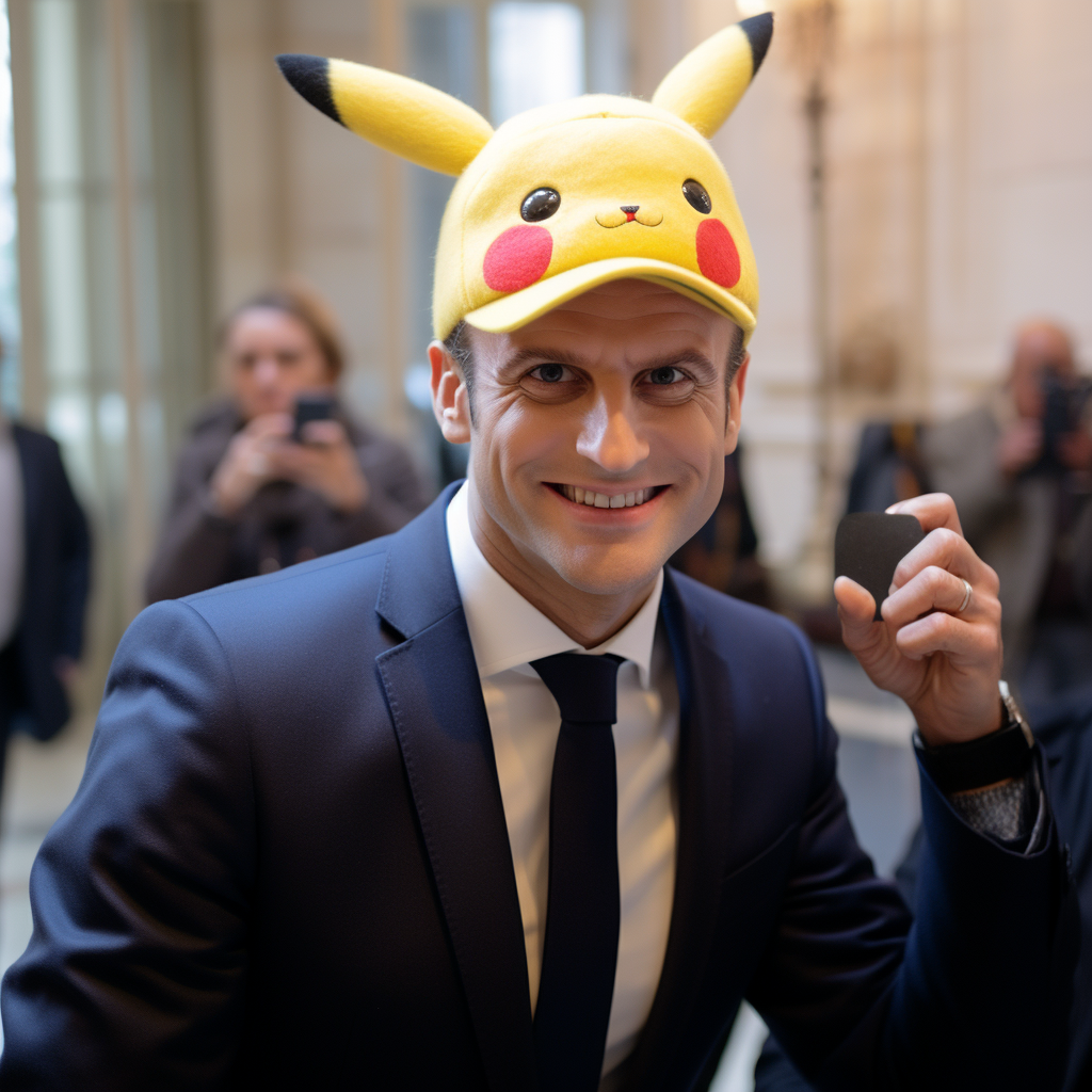 Macron braqueur de banque avec bonnet Pikachu