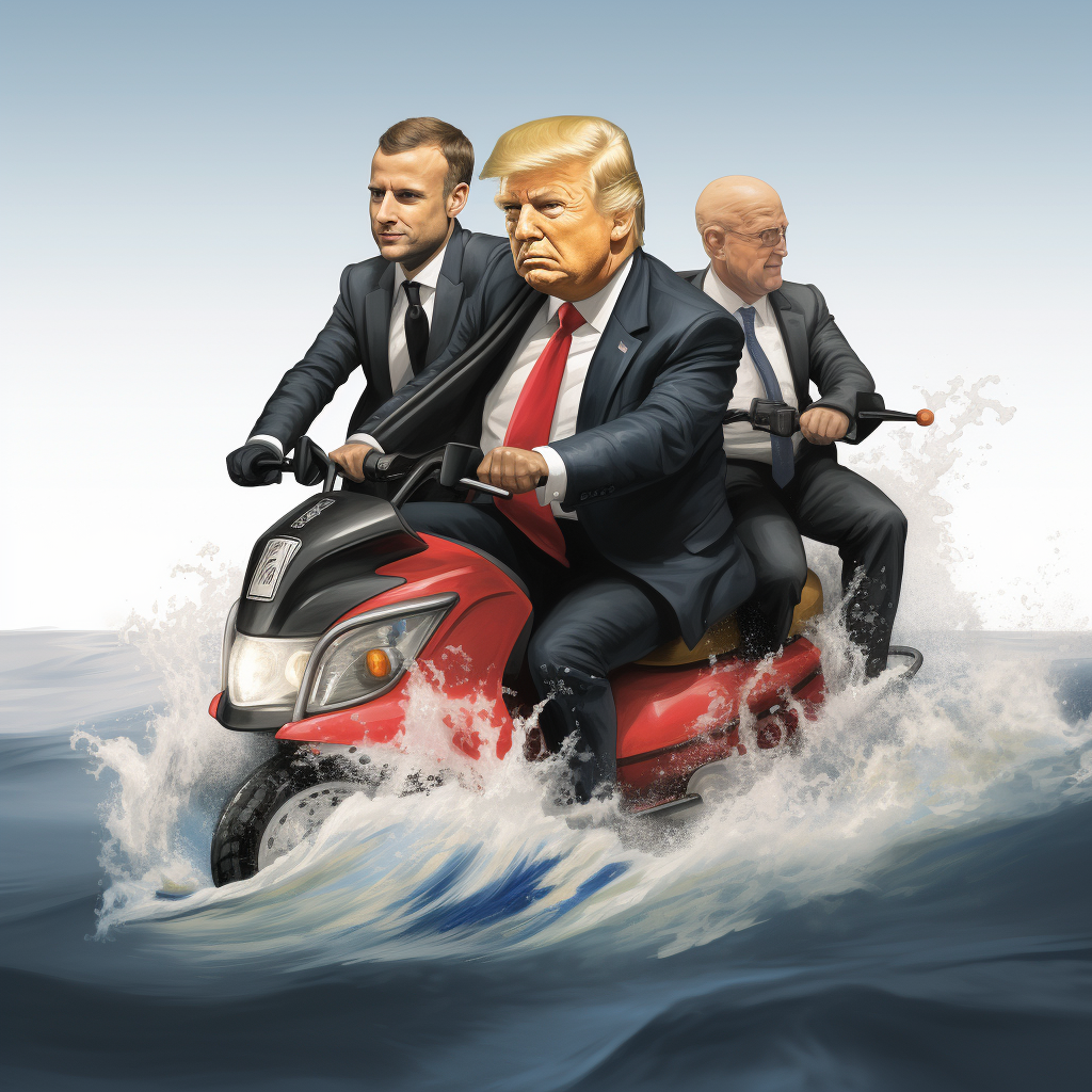 Leaders Macron, Putin, and Trump riding jet skis