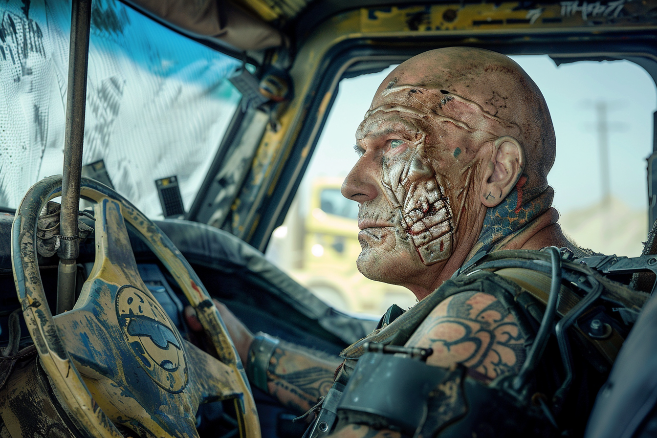 Bald scarred driver with tattoo