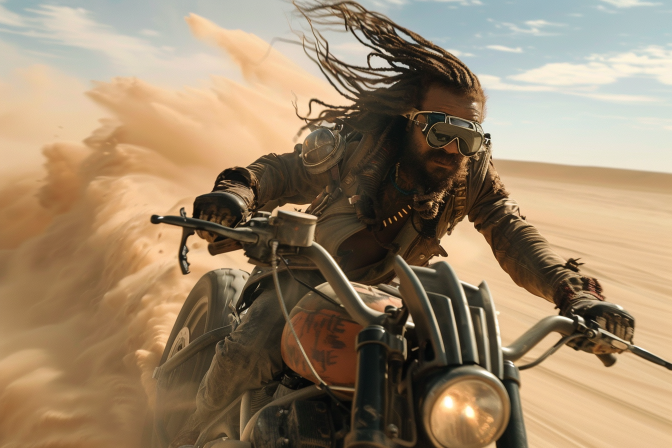 Motorcycle speeding through desert with dreadlocks and goggles