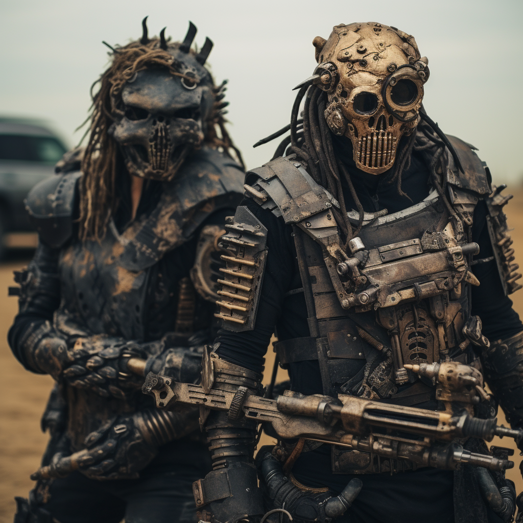 Two Mad Max-like Villains with Homemade Metal Armor and Weapons