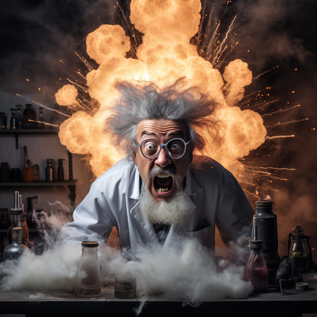 Mad scientist with experiment exploding in face