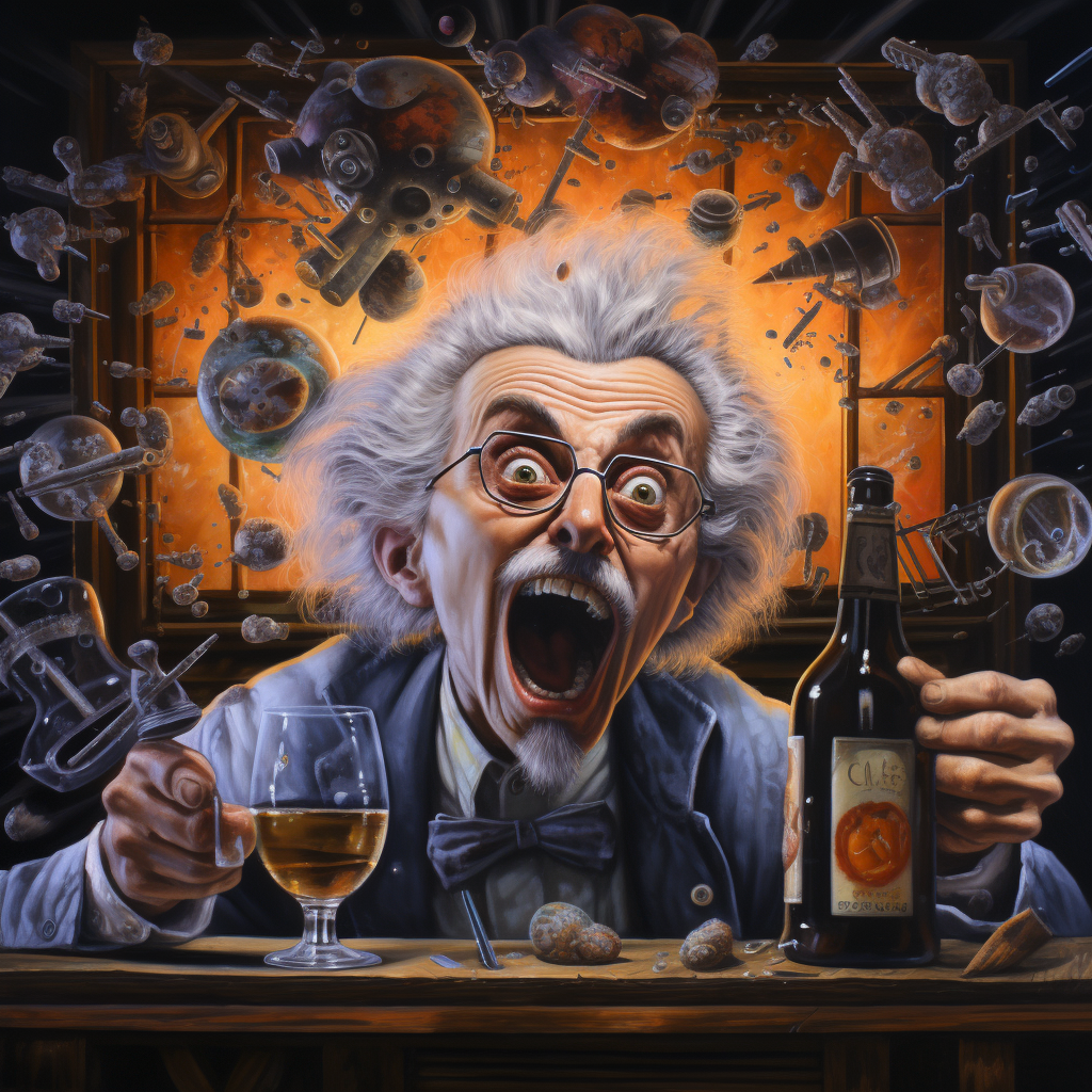 A realistic portrayal of a mad scientist with beer