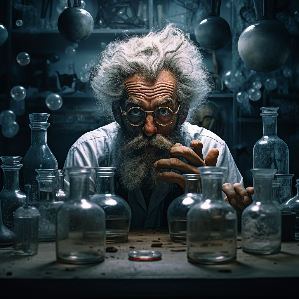 Mad scientist analyzing colorful beakers in science lab