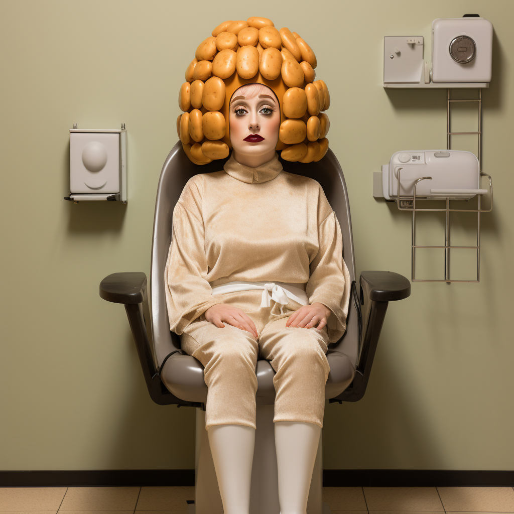 Smiling mad potato in beautician uniform