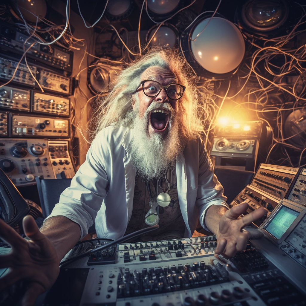 Mad scientist creating audio machine