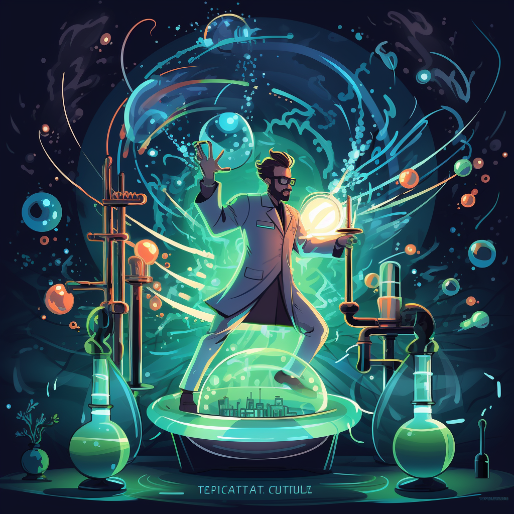 Cartoon image of a mad scientist mixing neon liquids