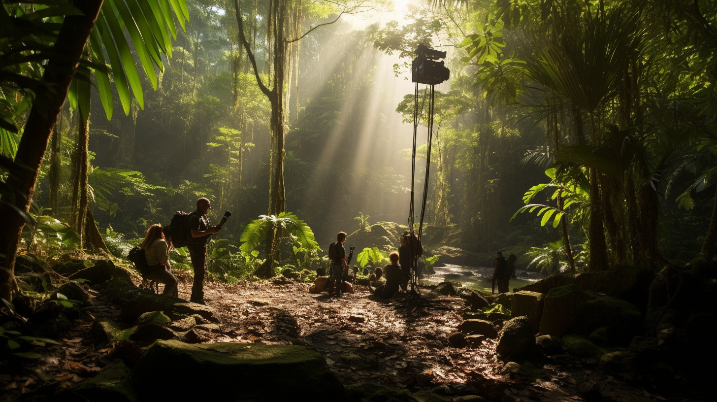 Filming crew in Madagascar jungle, symmetrical shot