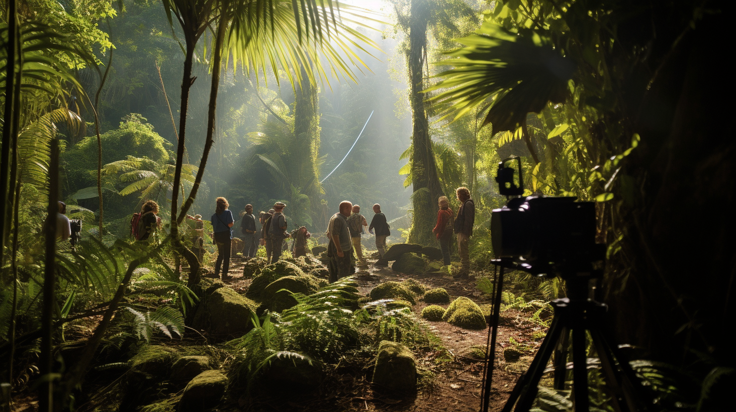 Cinematic shot of filming crew in Madagascar jungle